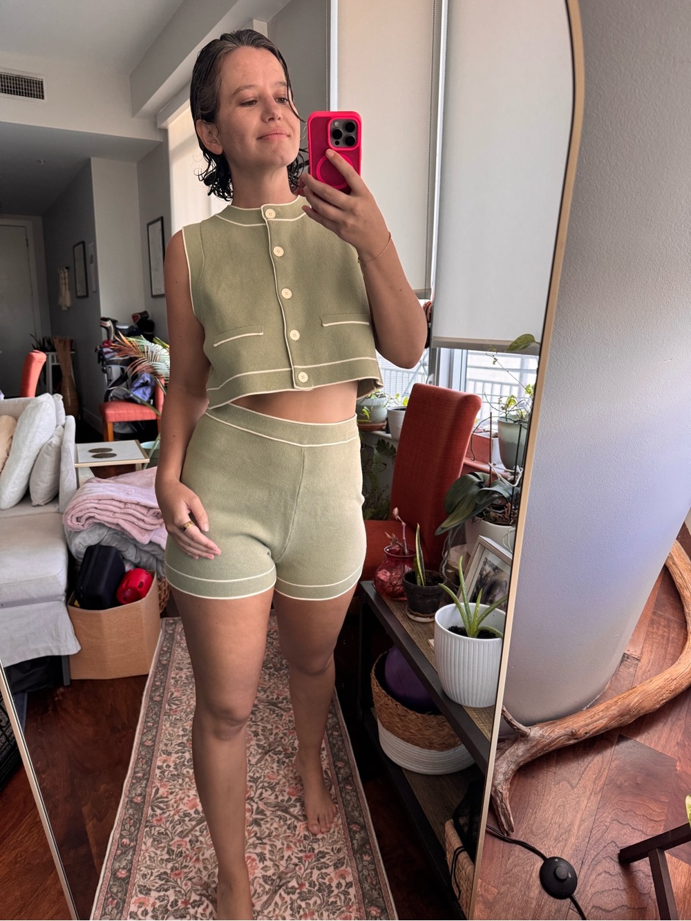 OAK + FORT Knit Vest & Shorts 2pc Set Green/White Trim Button Crop Round Neck